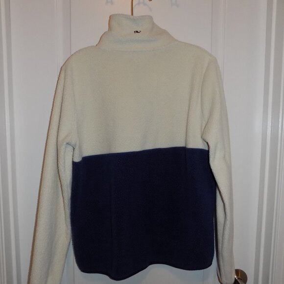 VINEYARD VINES Medium High Pile Sherpa Fleece 1/2 Zip Pullover Off-white Blue - Picture 4 of 6